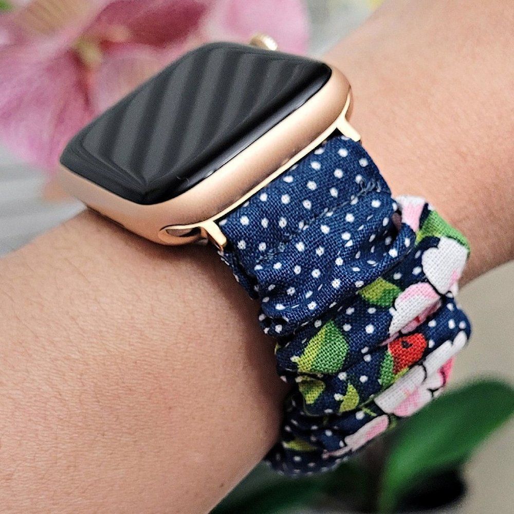 Navy Blue Scrunchie Apple Watch, Fitbit Sense & Versa 3 2 1 Cotton Fabric Band